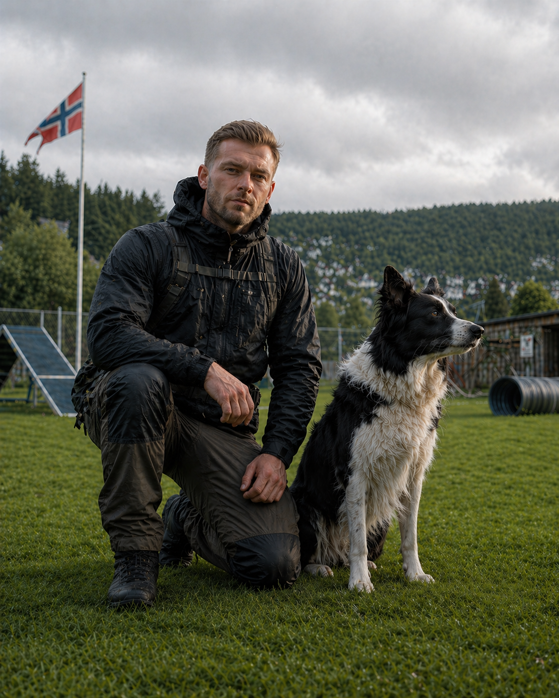 Jon Andreassen sammen med en border collie på treningsfeltet