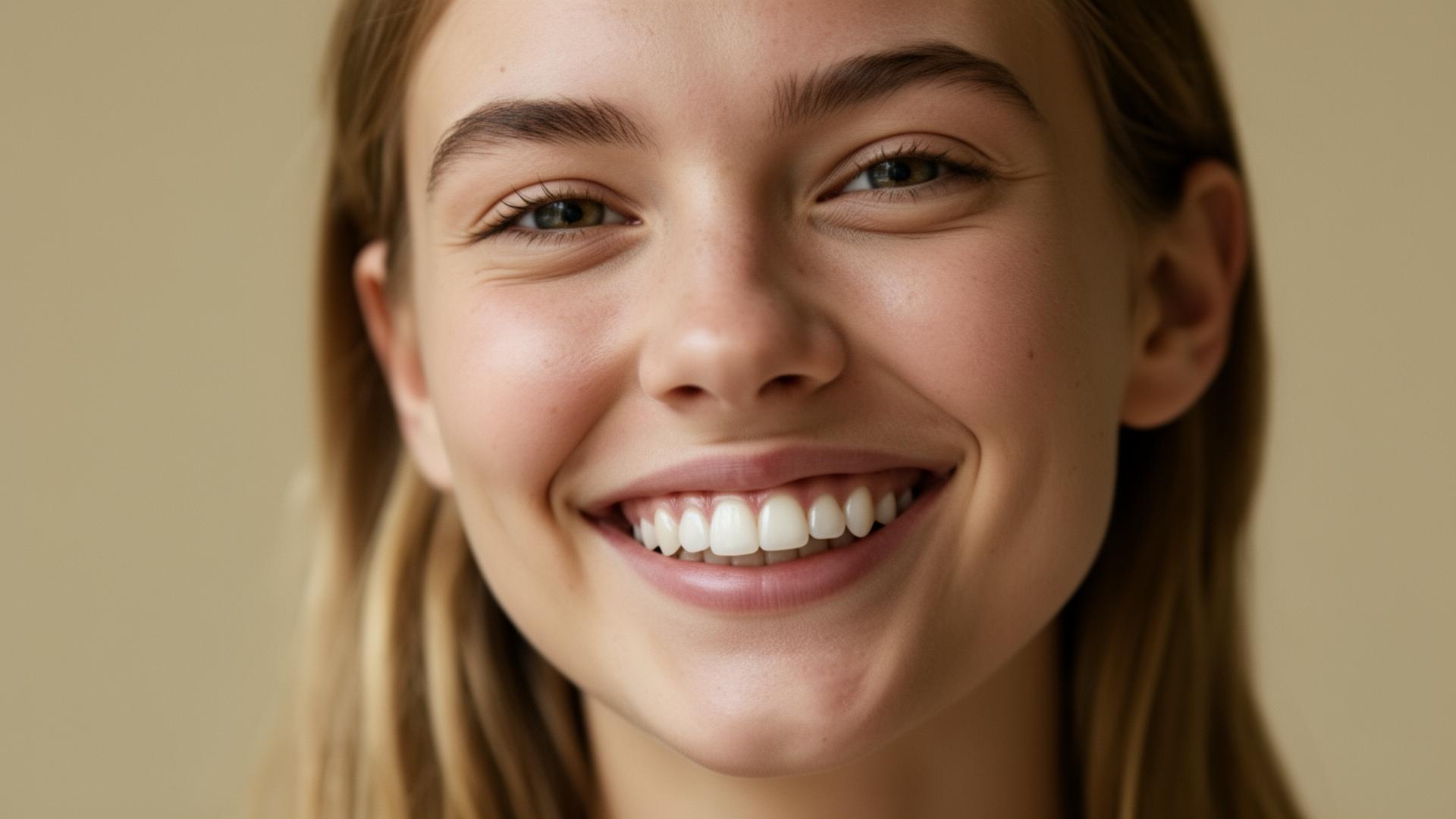 Ung kvinne smiler bredt med hvite tenner