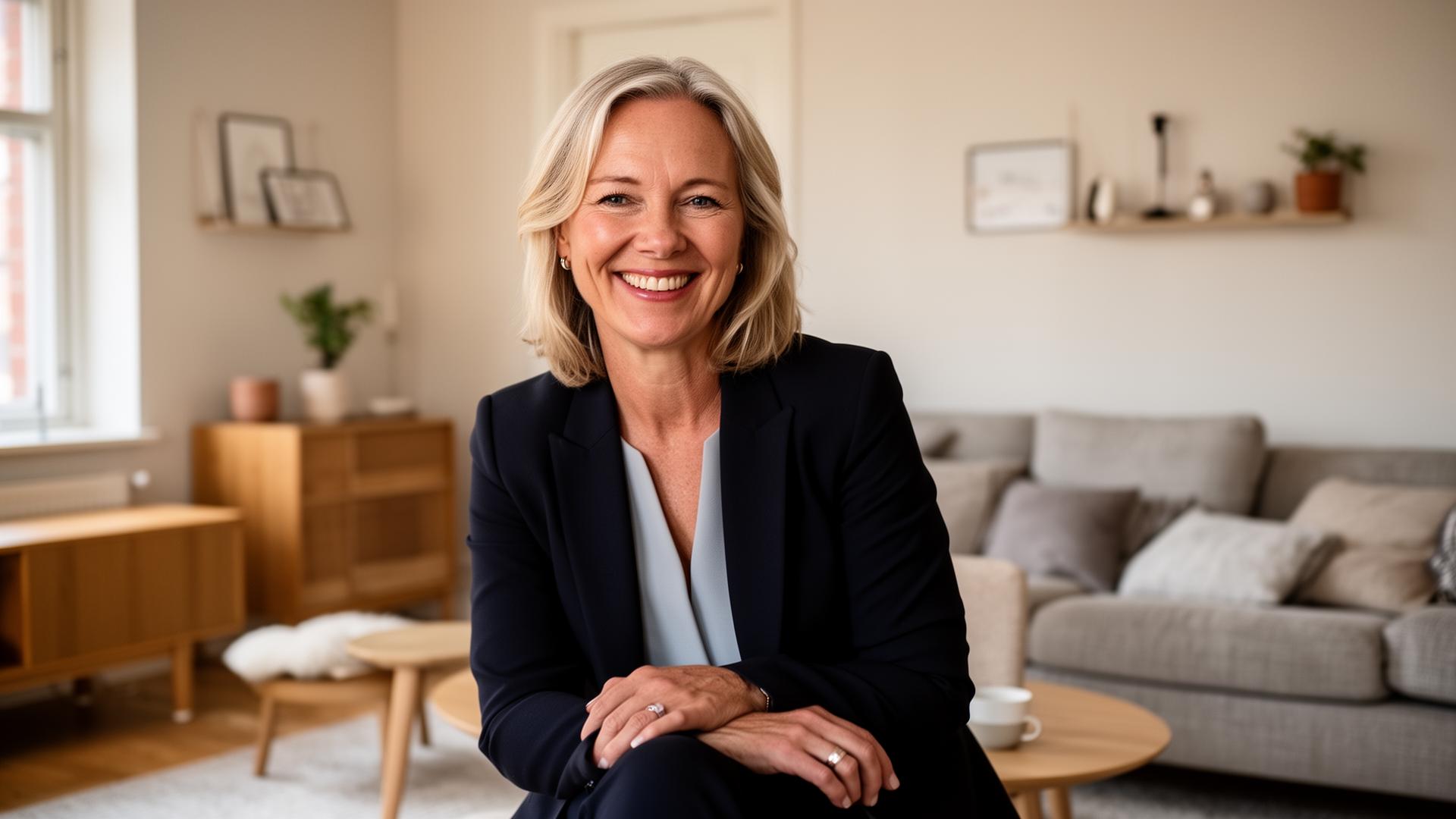 Smilende norsk kvinne i lyst nordisk stue